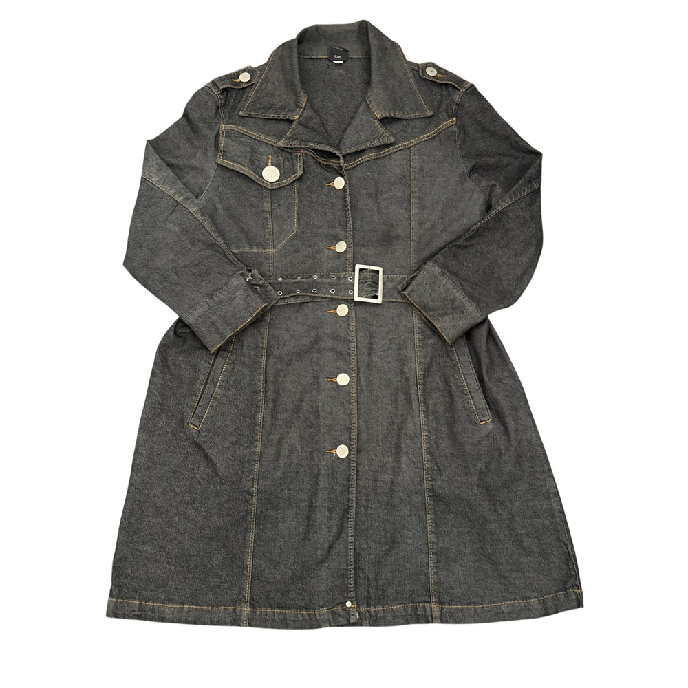 Vintage FUBU The Collection Womens 3X Black Denim Trench Coat Belted Long Jacket